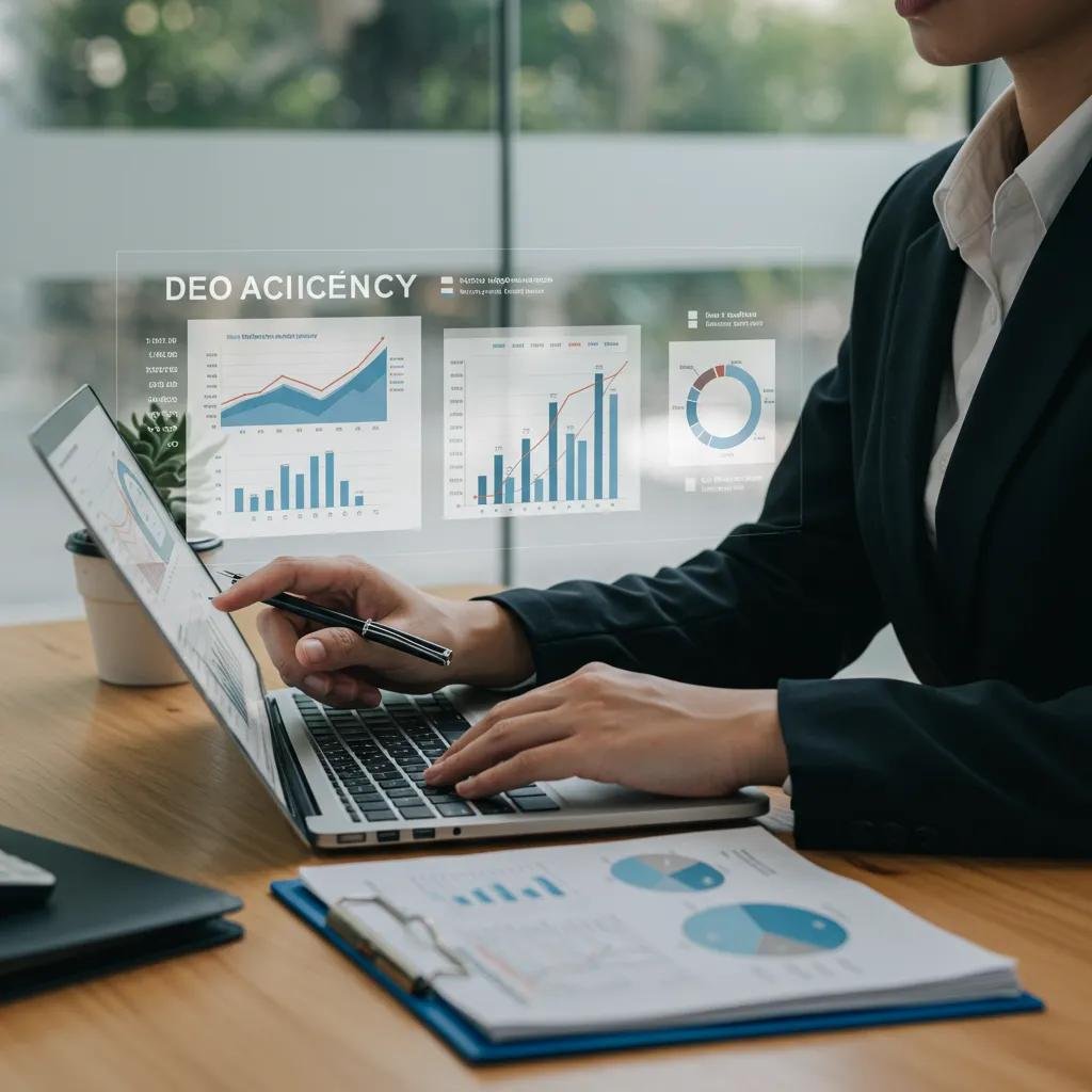 Business professional analyzing SEO metrics on a laptop in a workspace