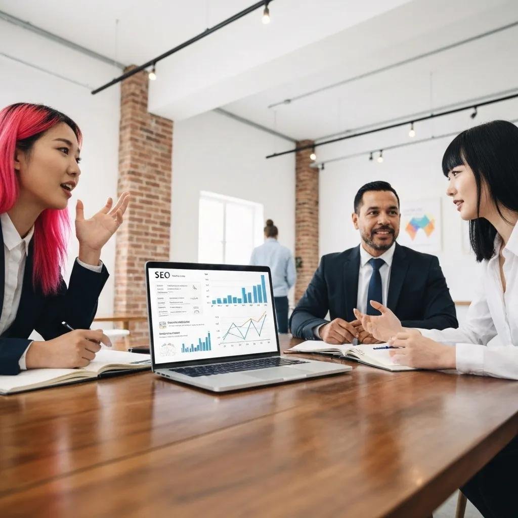Business professionals collaborating on SEO strategies in a modern office