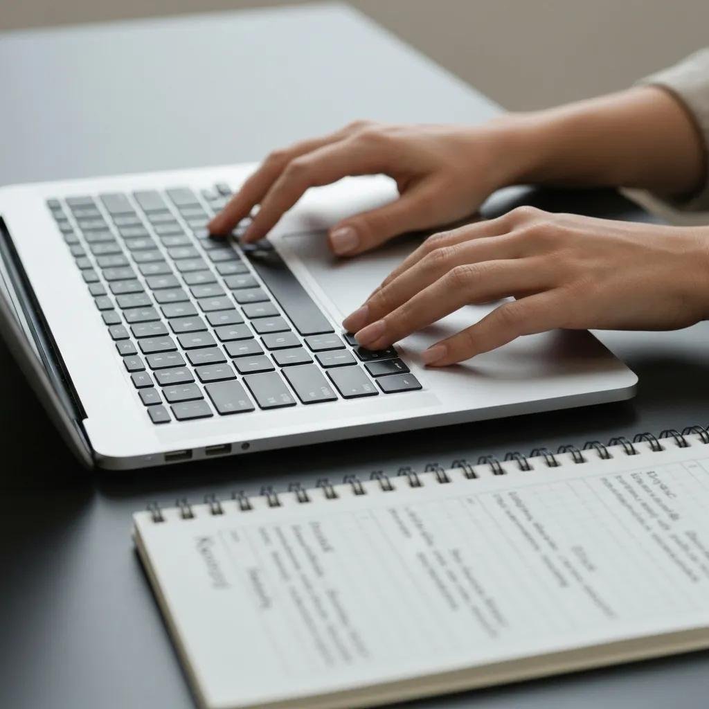 Close-up of hands typing on a laptop with keyword research notes in a focused workspace