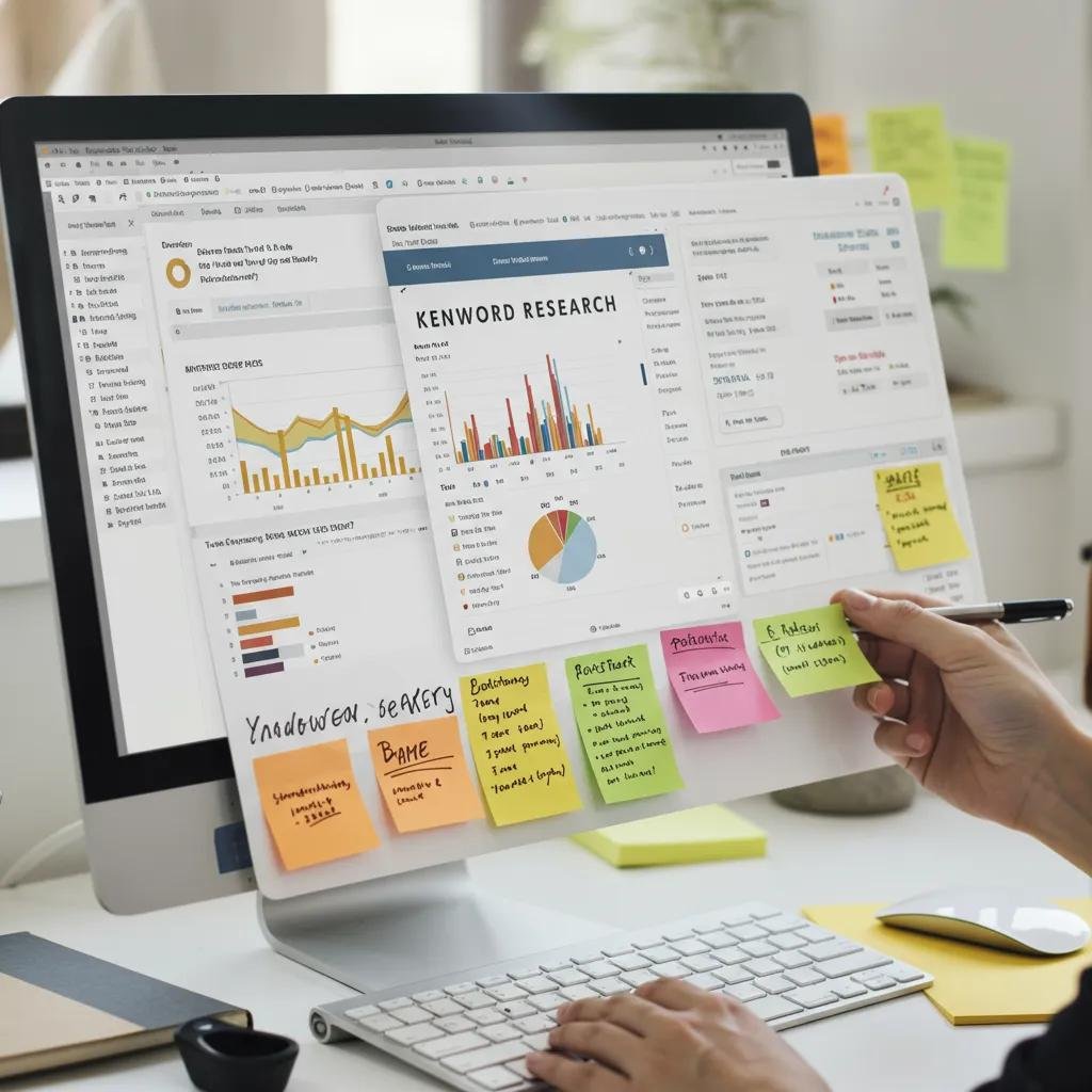 Close-up of keyword research tools on a computer screen with notes