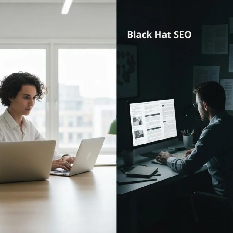 Contrast between ethical white hat SEO practices and manipulative black hat SEO tactics