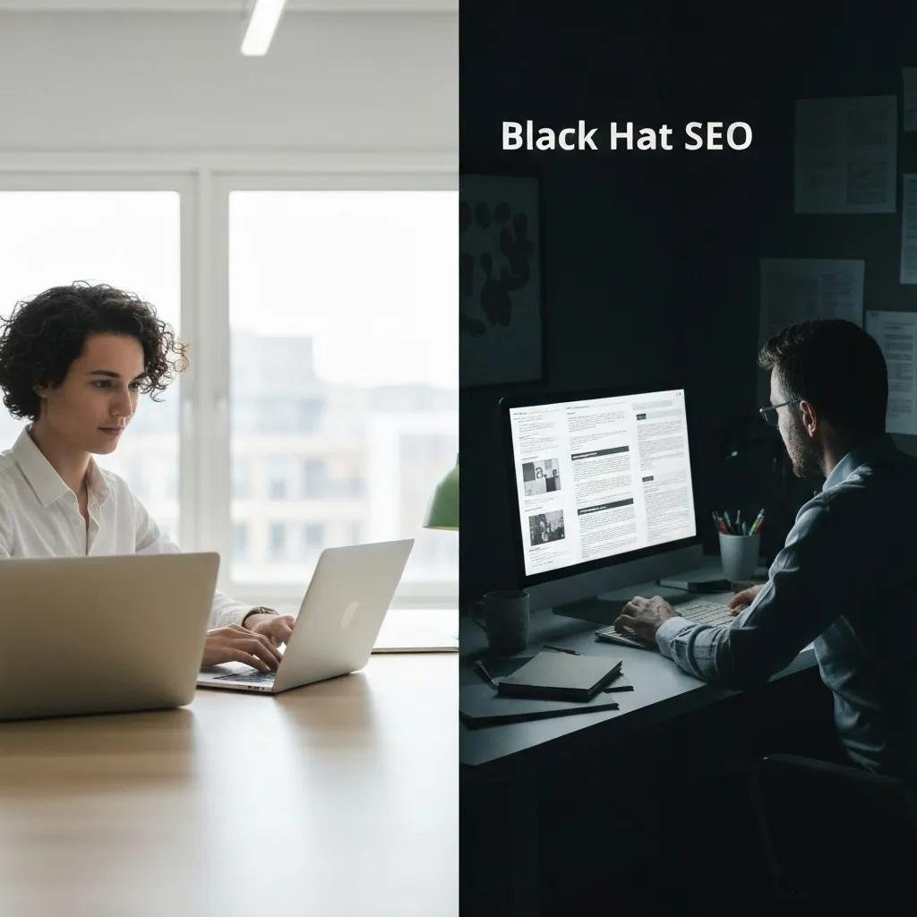 Contrast between ethical white hat SEO practices and manipulative black hat SEO tactics
