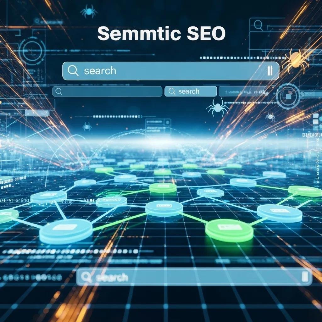 Digital landscape illustrating semantic SEO with interconnected nodes and search engine visuals
