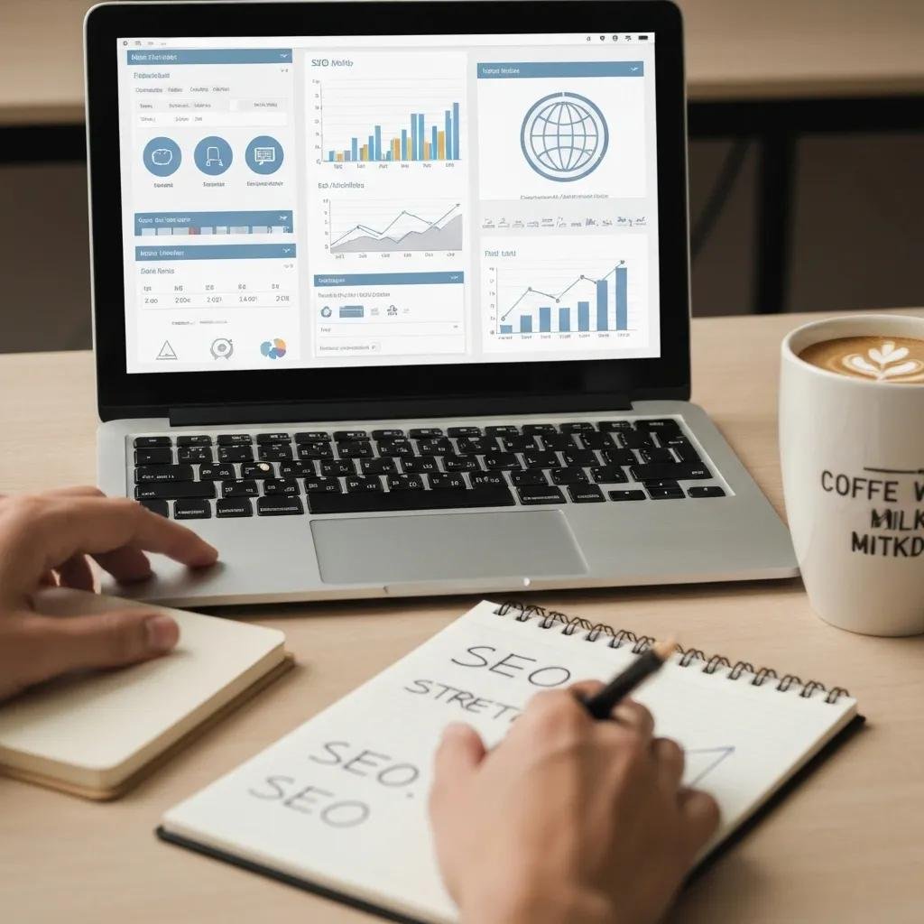 A modern desk setup with various digital marketing tools and analytics displays