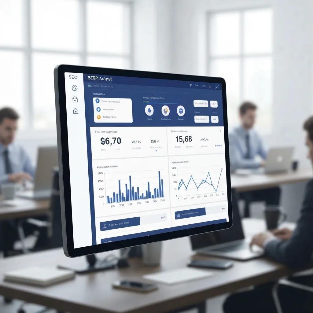 Digital screen showing SERP analysis metrics in a professional office setting