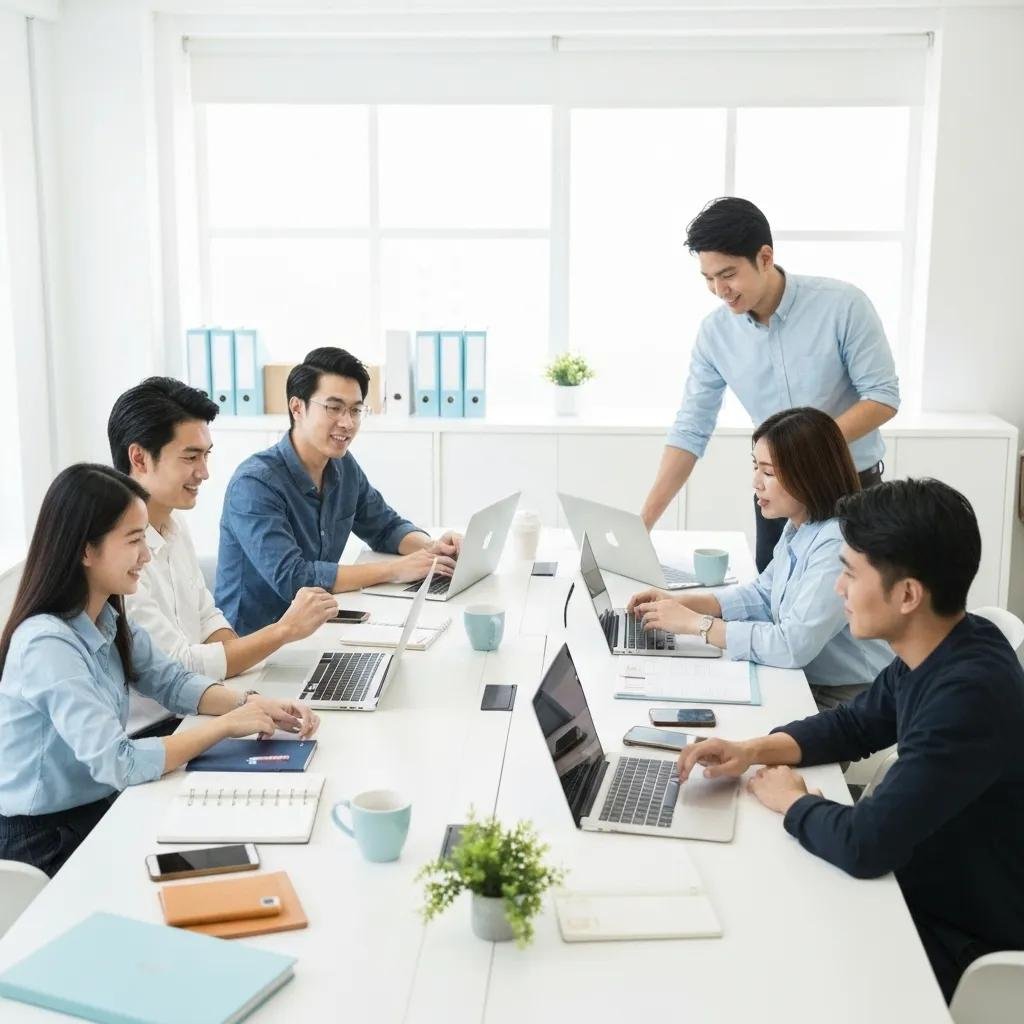 Diverse professionals collaborating in a modern office, emphasizing teamwork in SEO strategies