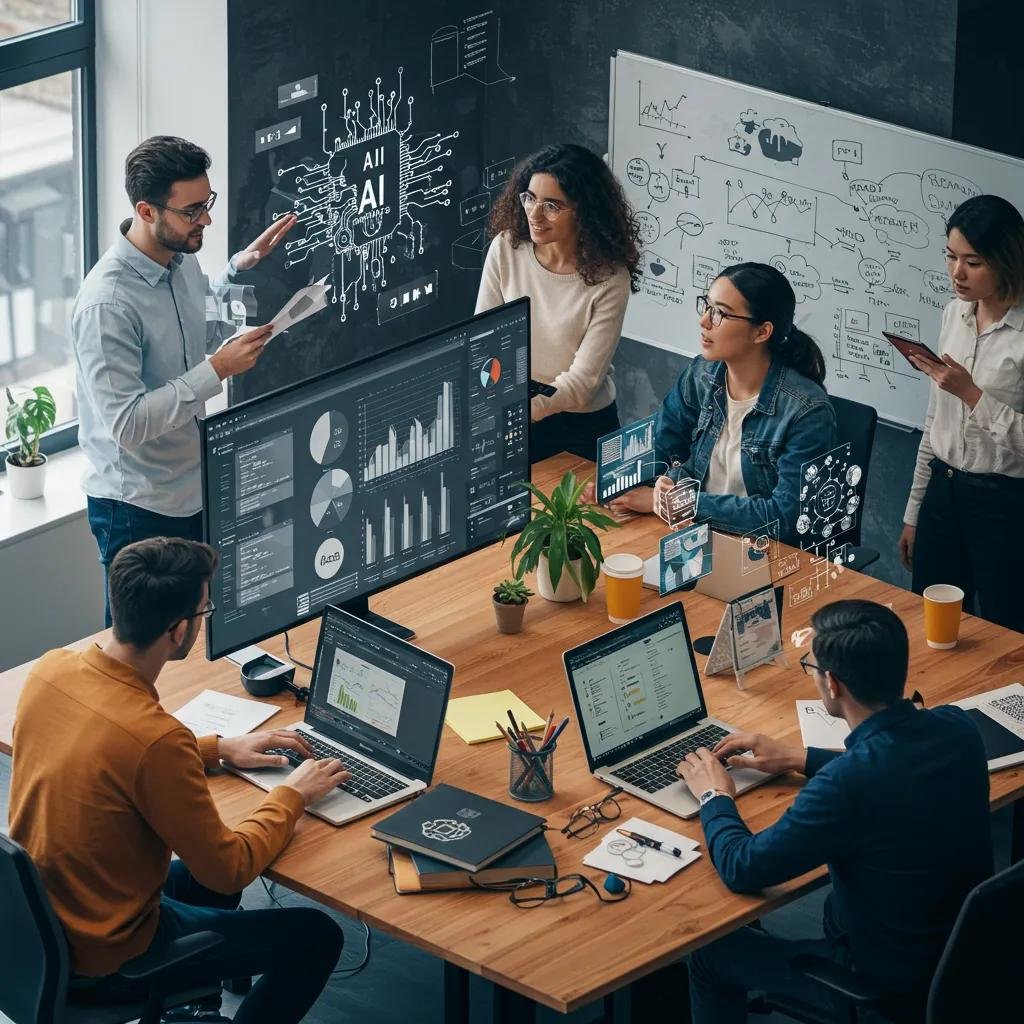 Diverse professionals collaborating on AI-driven digital marketing strategies