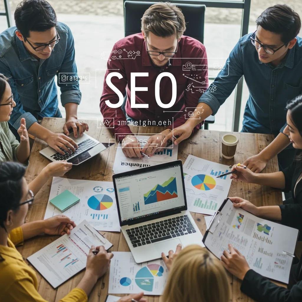 Diverse professionals collaborating on SEO strategies in a modern office