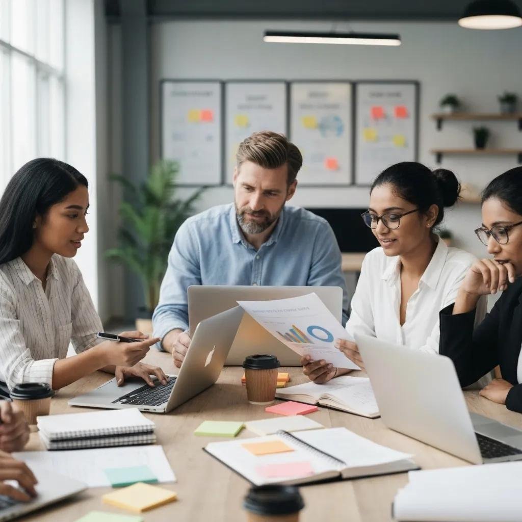 Group of professionals collaborating on link-building strategies in a creative workspace