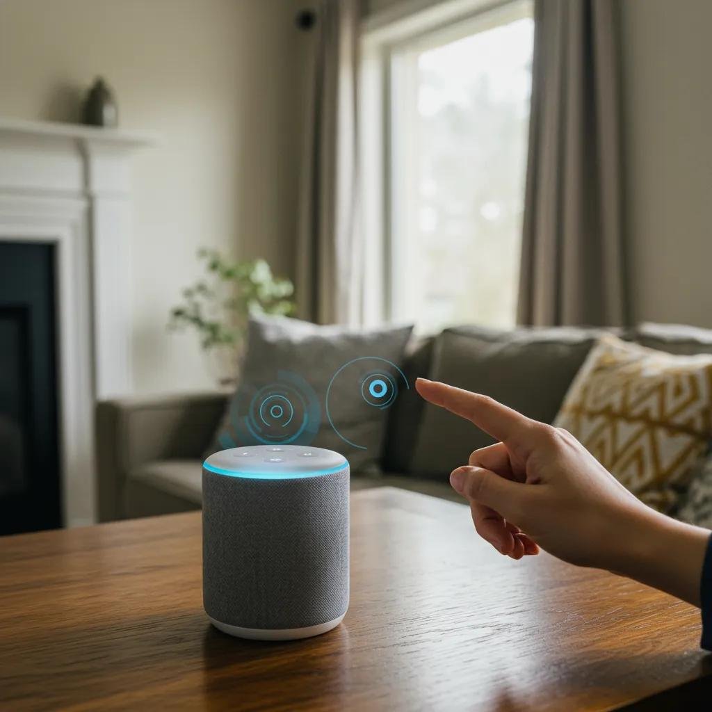 Homeowner using voice search on smart speaker to find cash home buyers
