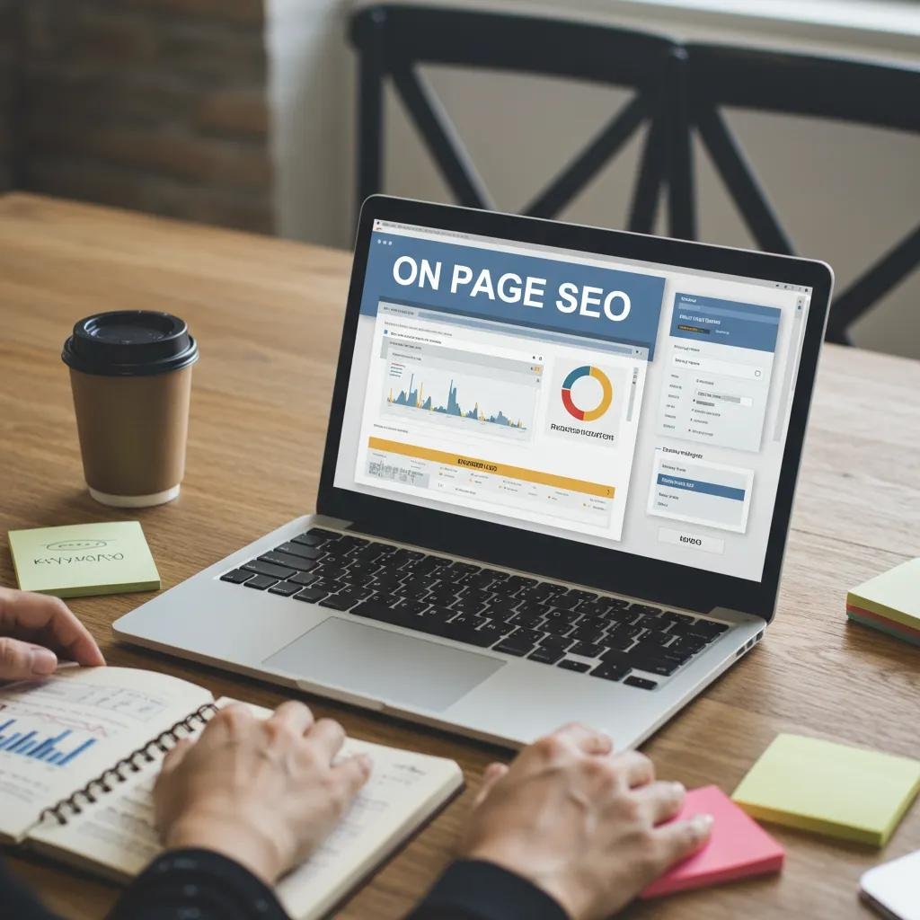 Modern workspace with a laptop and SEO optimization tools