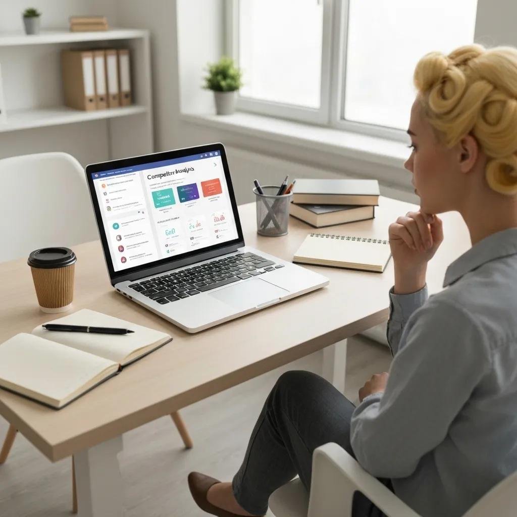 Modern workspace with a laptop displaying SEO competitor analysis tools and related materials