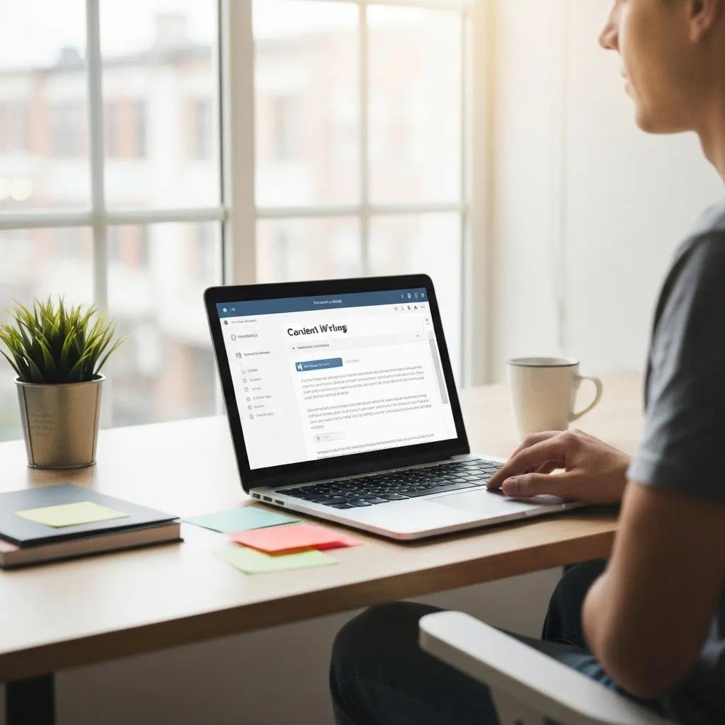 Modern workspace with a laptop, notes, and coffee cup, representing SEO content writing