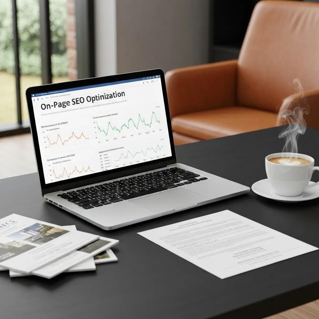 Modern workspace with laptop showing SEO analytics and real estate documents