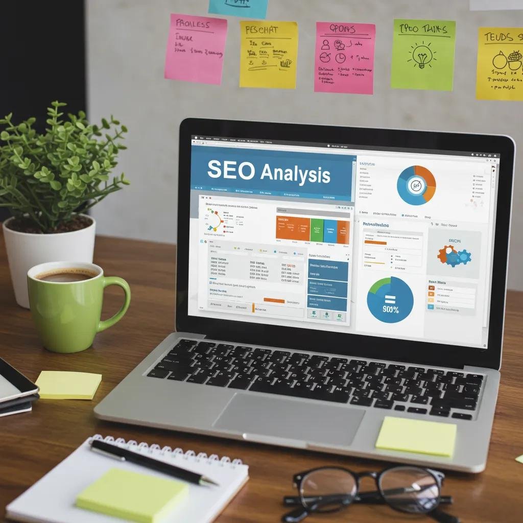 Modern workspace with SEO analysis tools on a laptop, notepad, and coffee cup