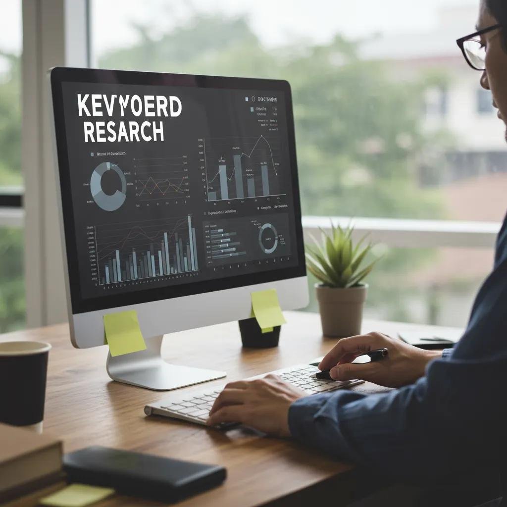 Person analyzing keyword data on a computer screen in a bright office