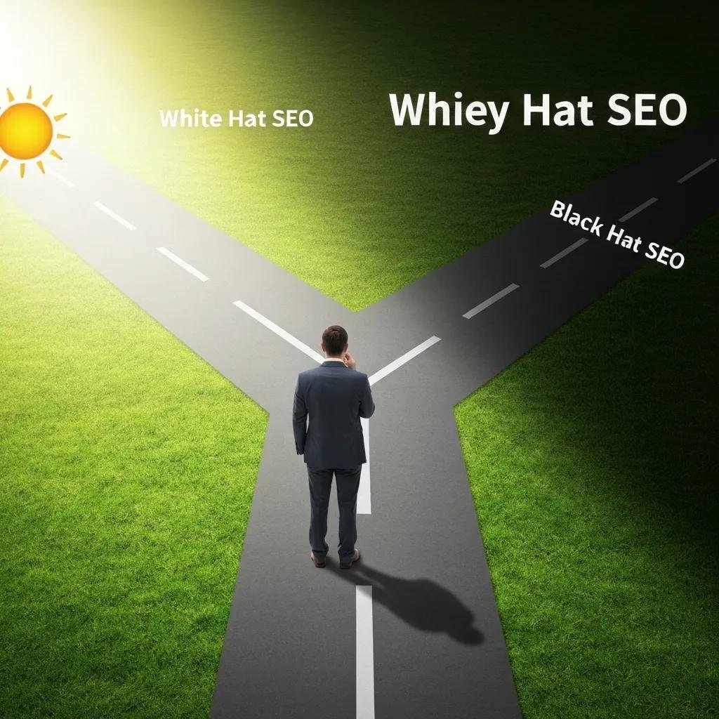 Person at a crossroads representing the decision between gray hat SEO practices and ethical approaches