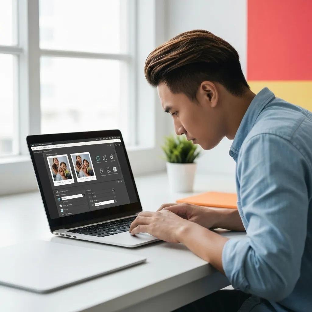 Photographer editing images on a laptop with optimization tools visible