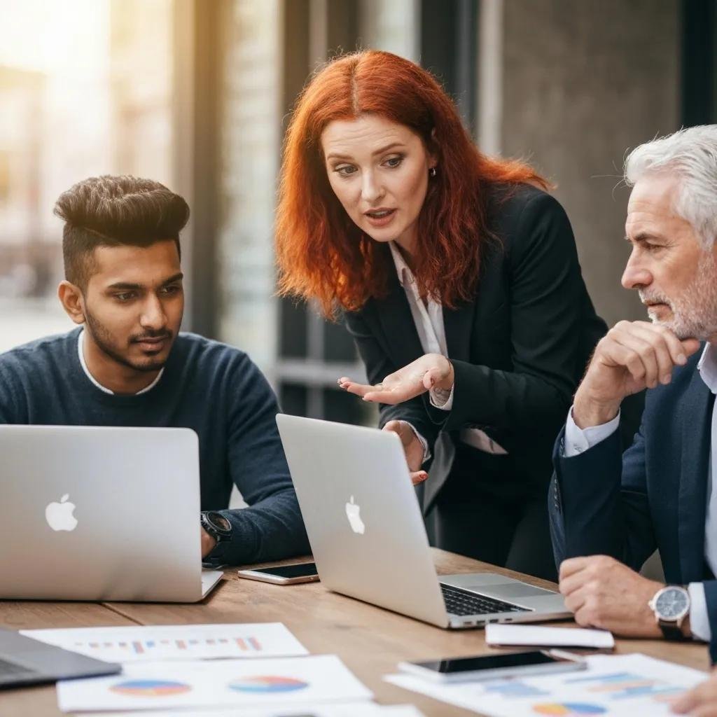 Professionals collaborating on SEO competitor analysis tools in a modern office setting