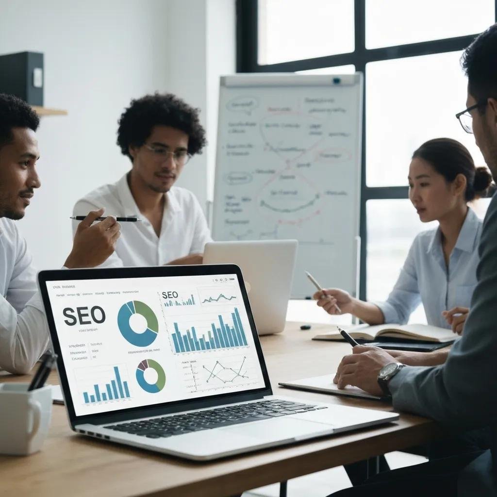 Professionals collaborating on SEO strategies in a modern office setting