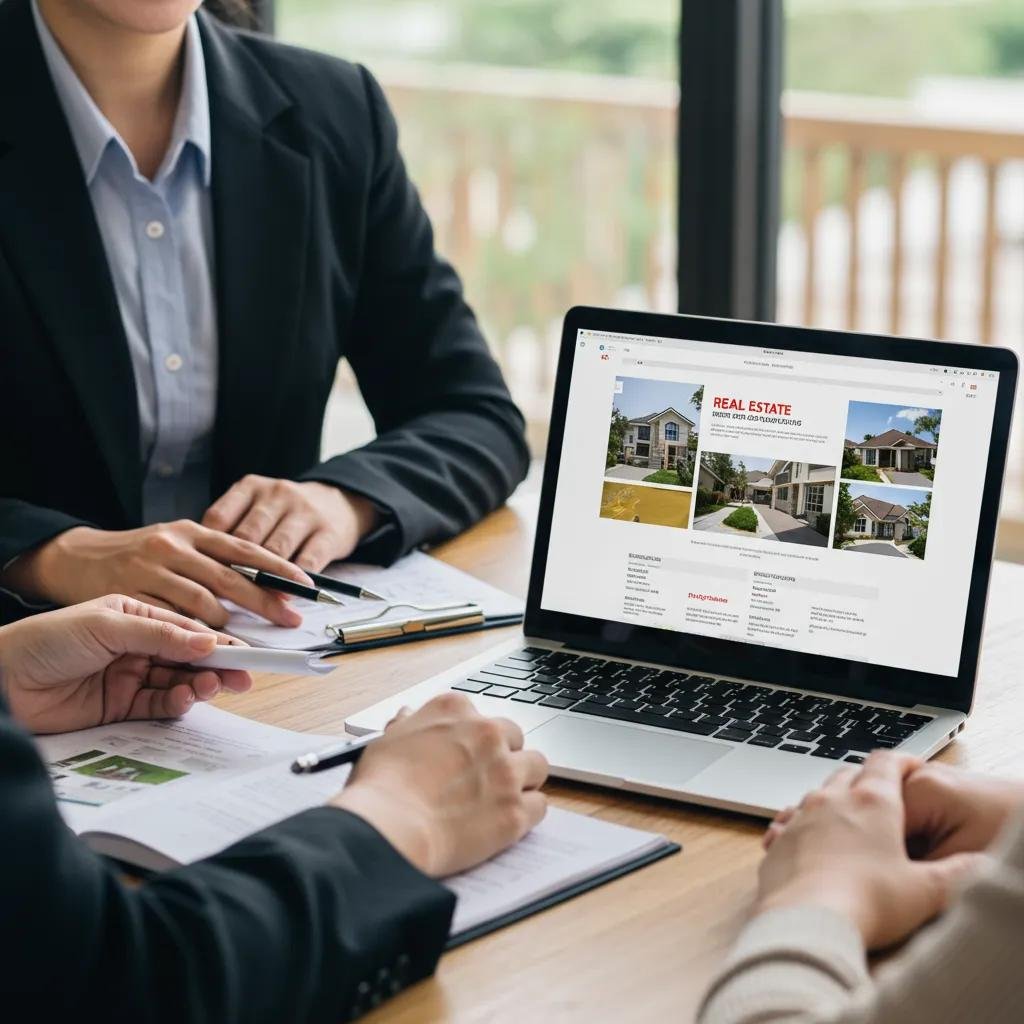 Real estate agent discussing listings with a client, showcasing SEO strategies