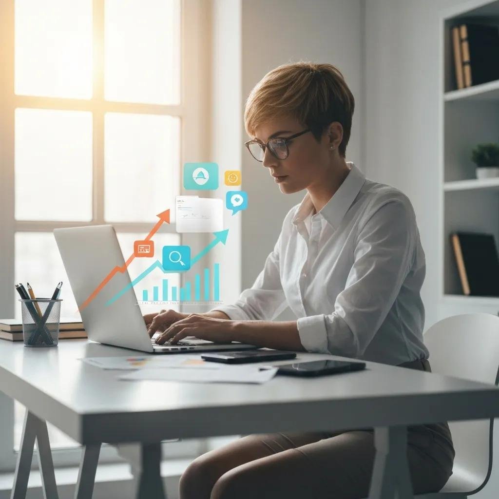 Small business owner reviewing SEO analytics for growth and success