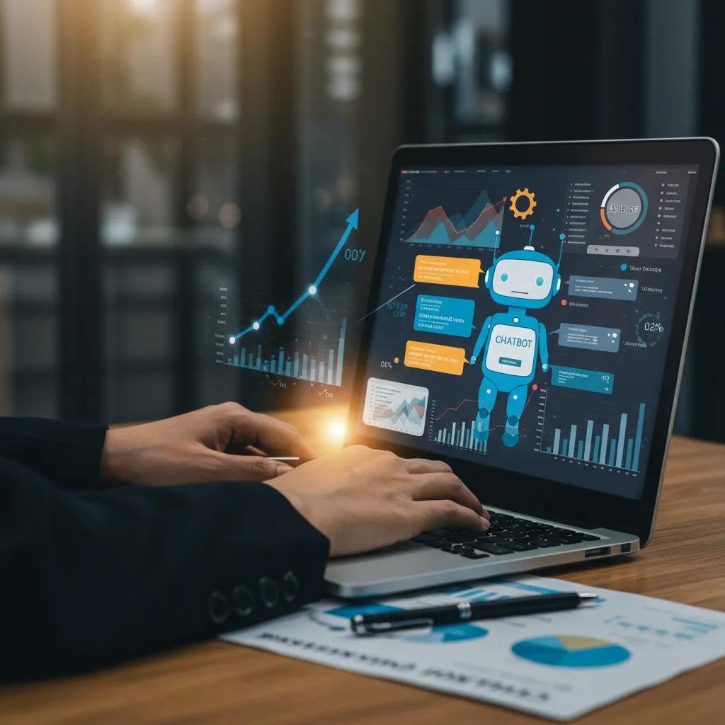 A business professional intently analyzing chatbot interaction data for lead generation insights in a contemporary office setting