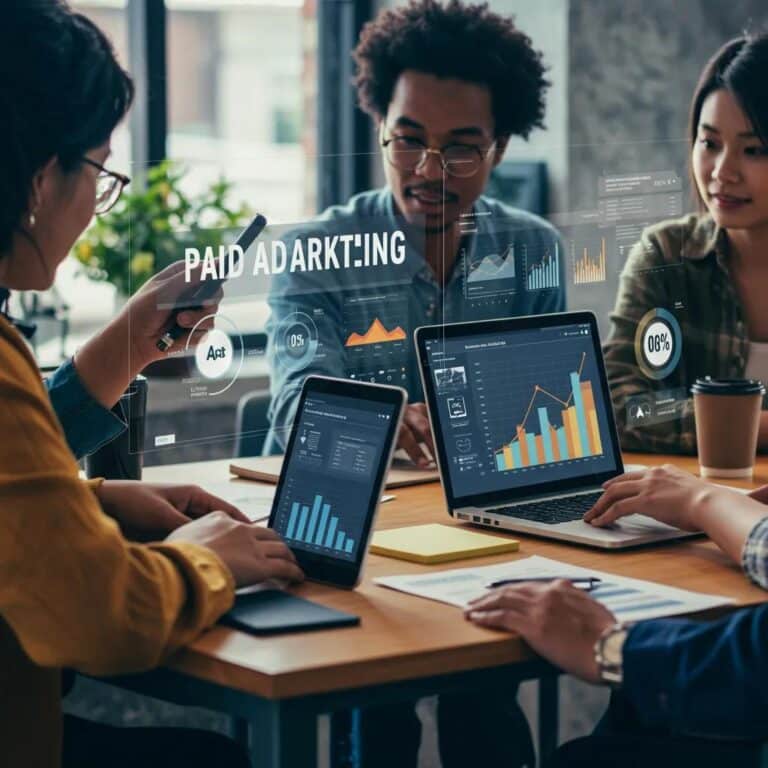 Diverse professionals collaborating on digital marketing strategies in a modern office