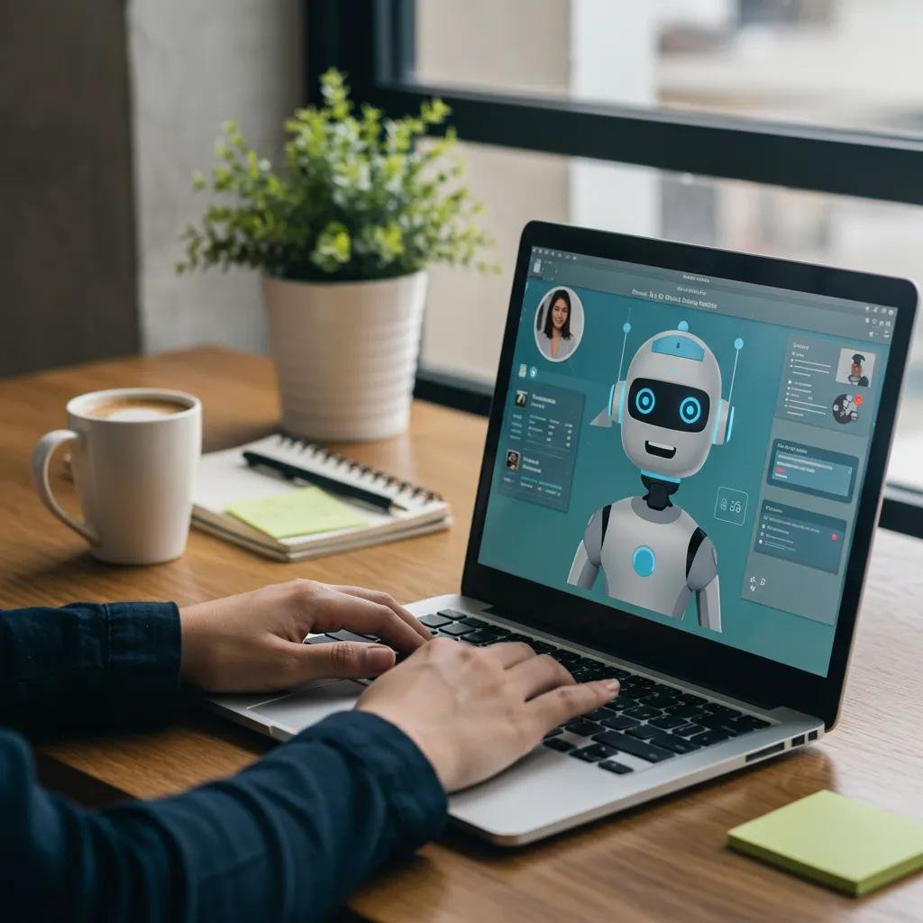 Person engaging with an AI chatbot on a laptop in a modern workspace
