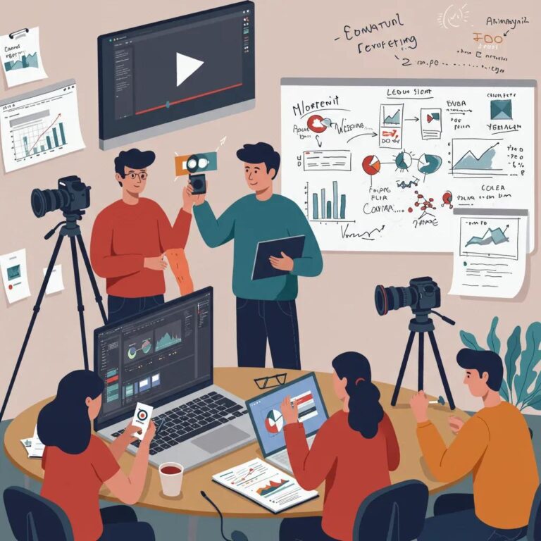 Professionals collaborating on video content creation in a modern workspace