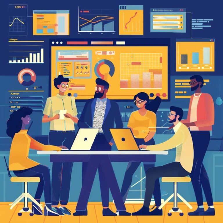 Diverse professionals collaborating on SEO strategies in a modern office