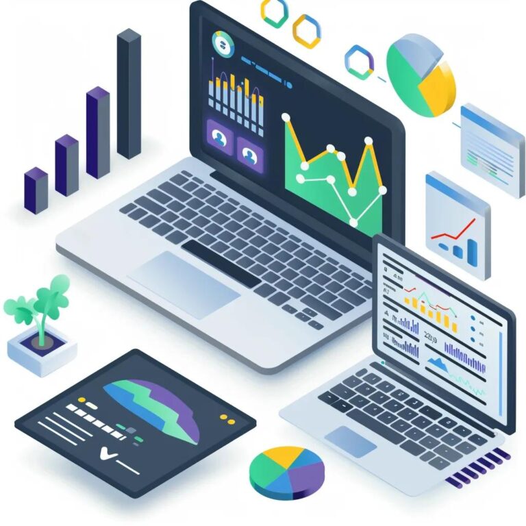 Workspace with laptop showing SEO dashboard and optimization tools