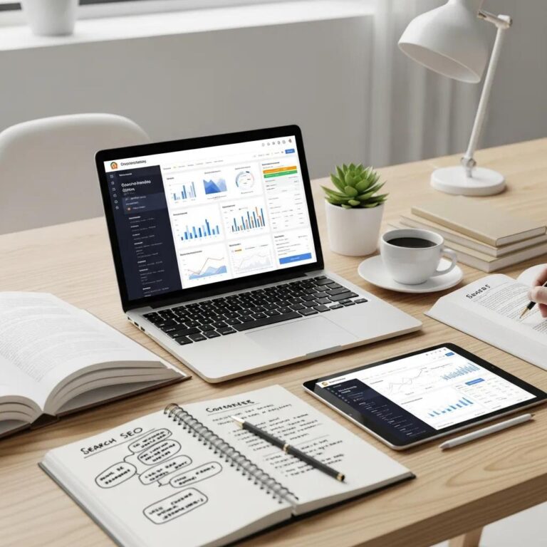 Laptop on a modern desk showing an SEO dashboard and marketing notes